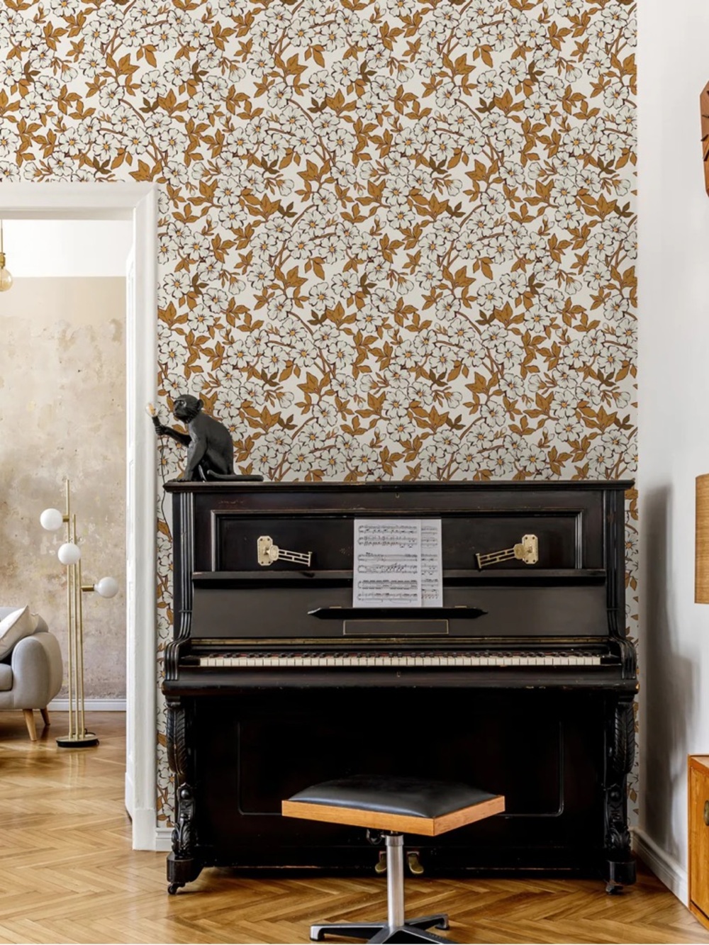 Wallblush Floral Vine Wallpaper Panel in White and Mustard - Home Wall Decor